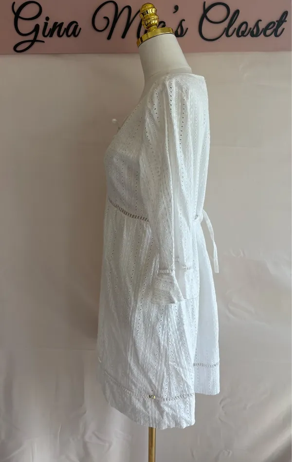 Heidi Klein White Eyelet Cotton Dress with Tie Waist, Size Large - Image 4