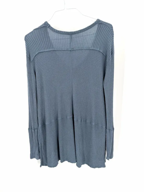 Free People Blue Gray Sunset Park Drippy Thermal Waffle Knit Oversized Shirt Top - Image 6