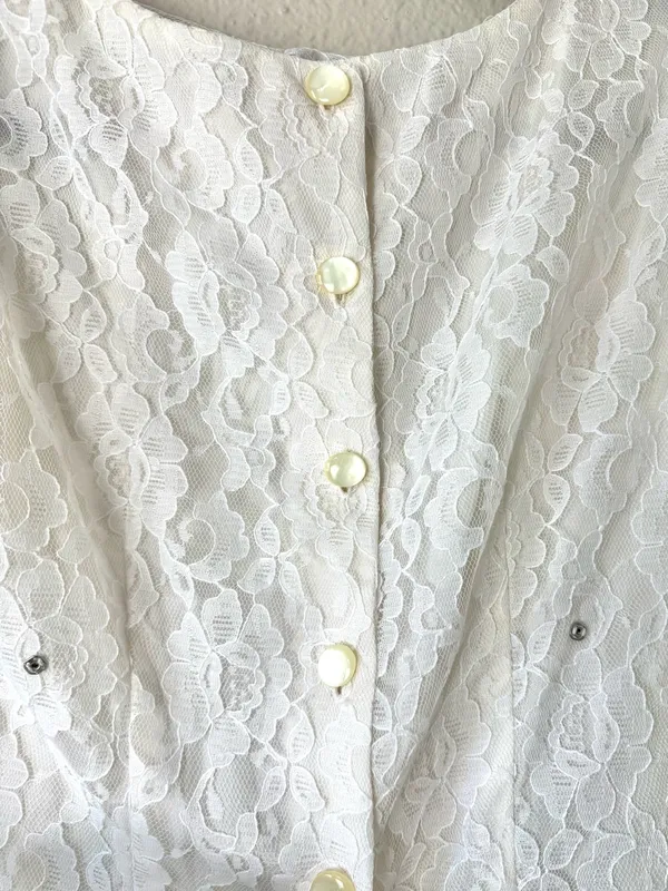 Vintage 80s Black & White Lace Drop Waist Back Bow Party Dress Size Small - Image 4