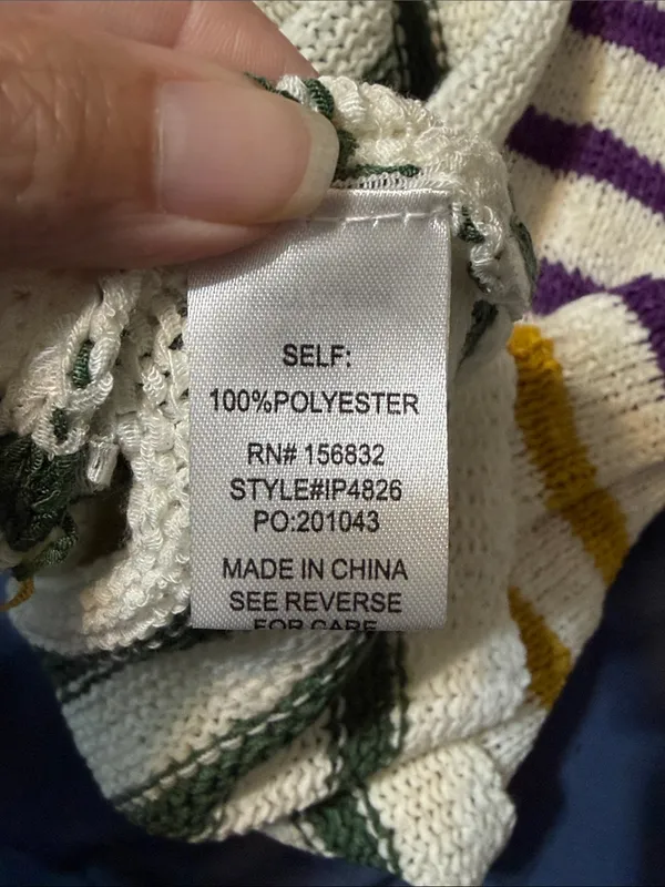 BiBi Cream Crewneck Sweater with Purple, Gold and Green Stripes - Image 5