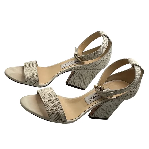 Jimmy Choo Woven‎ Ankle Strap Block Heel Sandals Beige IT 37 Made in Italy - Image 8