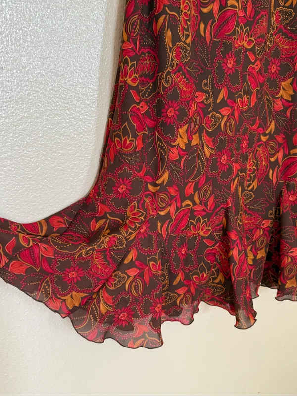 Vintage Sara B Studio Brown Floral Chiffon Midi Skirt Y2K Boho Ruffle Fairy Core - Image 4