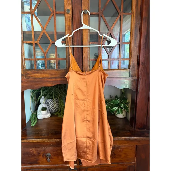 Altar'd State Ulissa Satin Ruched Faux‎ Wrap Mini Dress Cinnamon Medium NEW - Image 2