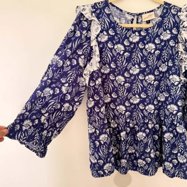 Universal Threads Blue Floral Puff Sleeve Ruffle Babydoll Blouse Cottage Top XXL - Image 9