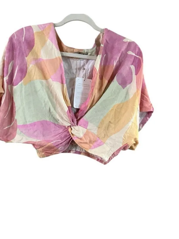 Garage Pink, Yellow & Cream Twist-Knot Crop Top - Image 2