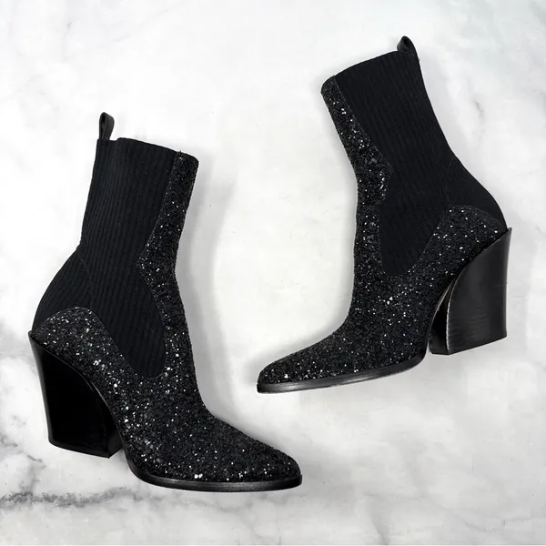 Jimmy Choo Mele Glitter 85 Chelsea Stretch Knit Block Heel Ankle Boots Black 36 - Image 5