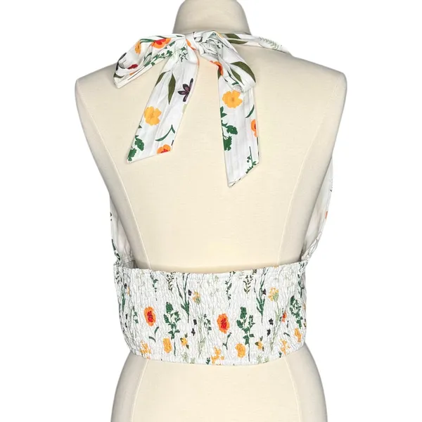 Floral Crop Top Halter Button Up Smocked Open Back Boho Cottagecore White XL - Image 2