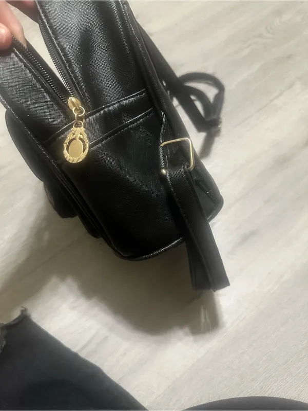 Mini Black Faux Leather Backpack with Cat Charm - Image 4