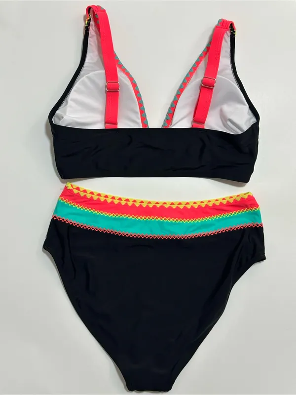 Black High-Waist Bikini with Neon Trim - Women Swim Bikini - Image 2