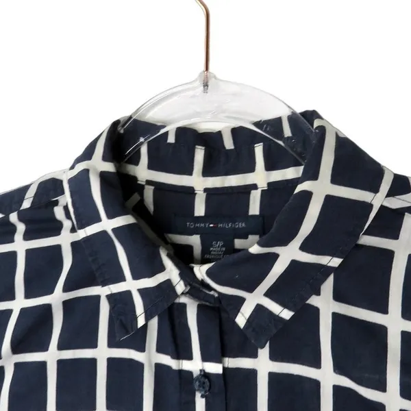 Tommy Hilfiger Navy Blue Grid Block Checkered Button Down Shirt Women's Small - Image 4
