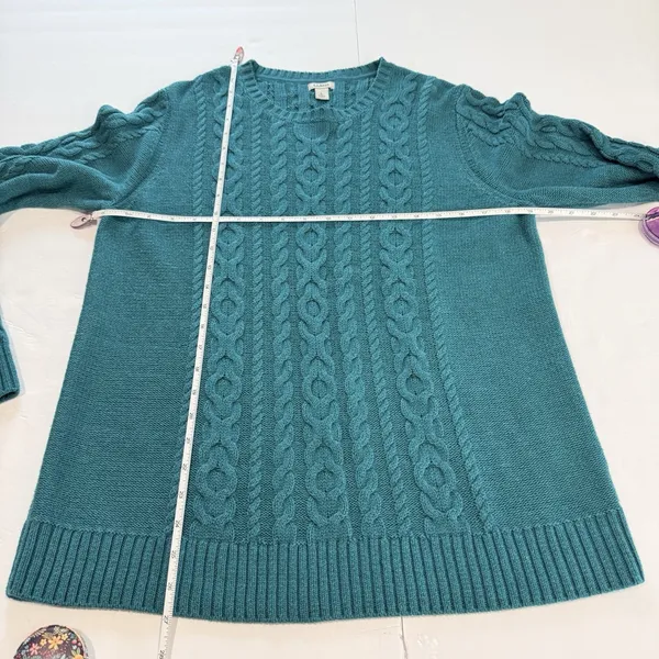 LL Bean Teal Double L Mixed Cable Cotton Crew Neck Pullover Sweater Size LARGE - Image 7
