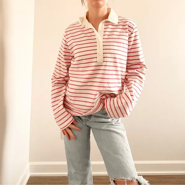 J.Crew Striped Pink and White Women's Rugby Top - Image 3