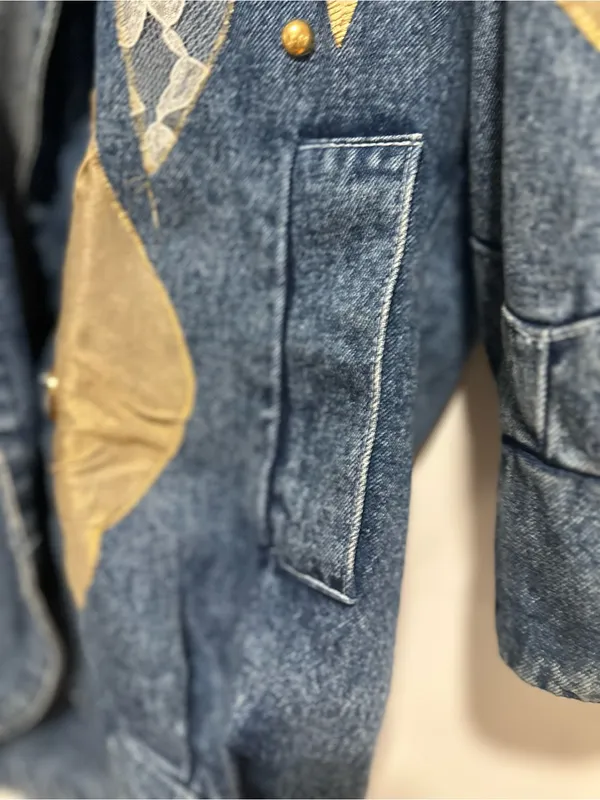 VTG 80s AFSY SzS Loose embellished denim coat gold metallic appliqué lace bead. - Image 12