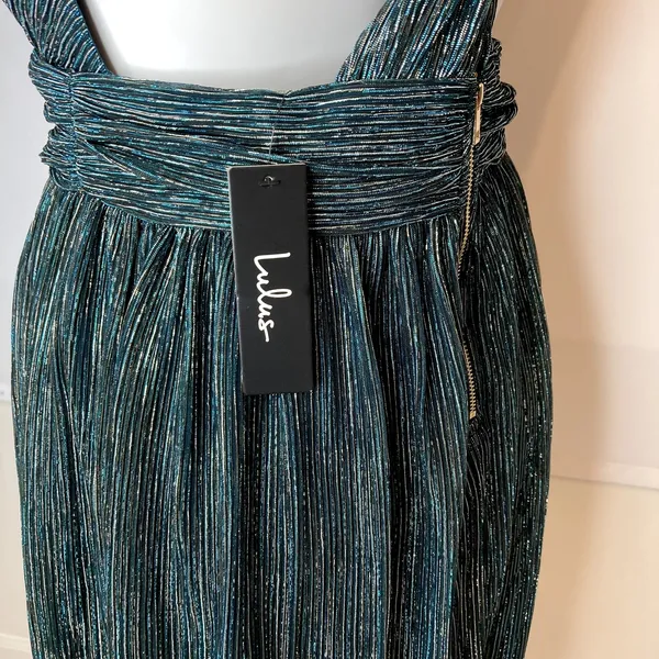 New LULUS Ailey Metallic Teal Twist Back Skater Dress Womens Size L Mini Party‎ - Image 7