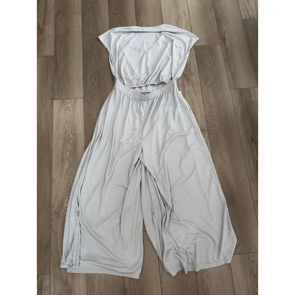 Halara Short Sleeve Casual Wide Leg Flowy Waffle PullOn Jumpsuit Frost Haze XL - Image 4