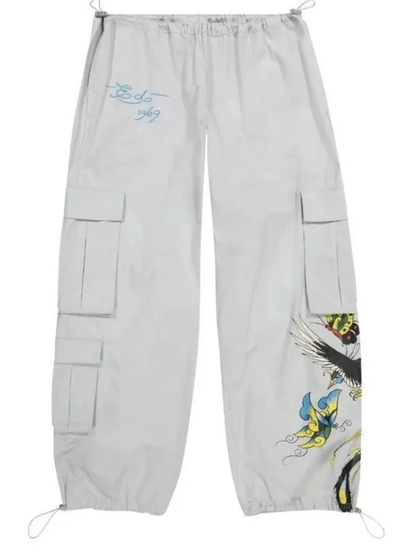 NWT Ed Hardy Drawstring Cargo Pants Grey Low Rise Butterflies Phoenix Graphic M - Image 13