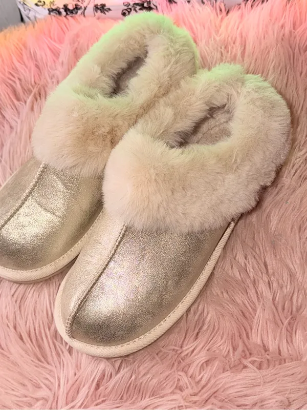 Faux Fur Lined Metallic Slipper Boots - Gold - Image 2