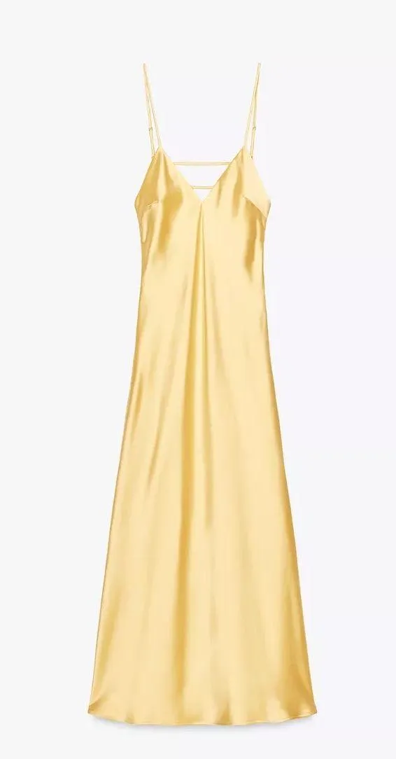 Zara maxi dress flowy butter yellow satin effect wedding evening party - Image 5