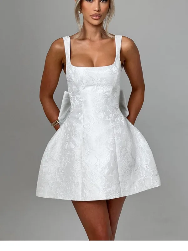Babyboo Orla Mini Dress - Ivory. Square-Neck White Jacquard A-Line Wedding Dress - Image 12