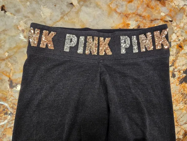 Victoria's Secret PINK yoga Leggings Sequined Waisteband Gray M - Image 6