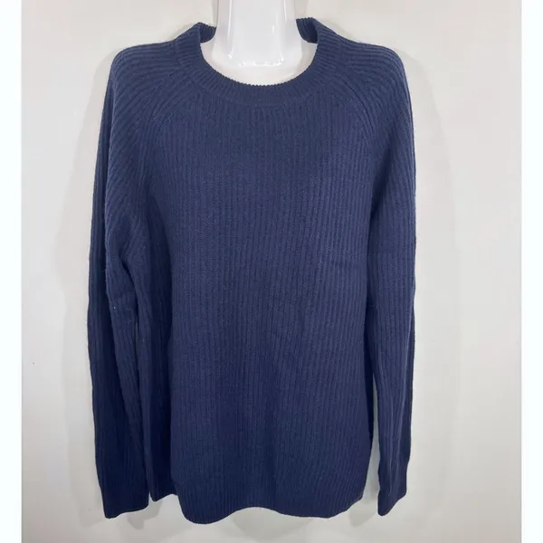 Quince Navy Blue 100% Cashmere Ribbed Crew Neck Sweater Womens Large NEW - Image 2