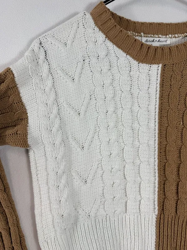 Derek Heart Women’s Small Brown Ivory Colorblock Cable Knit Cropped‎ Sweater - Image 5