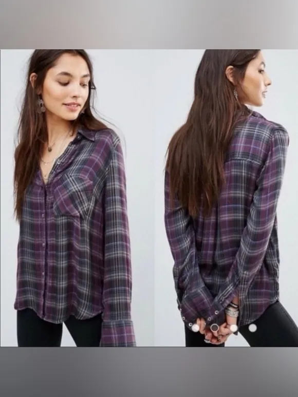 Free People Joplin Plaid Button Down Shirt Size Small - Image 6