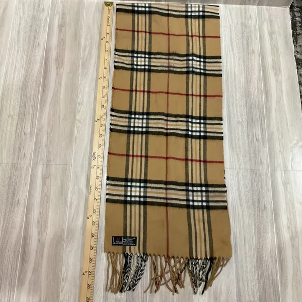 V. Fraas Cashmink Scarf Tan Plaid Check Made‎ in Germany Fringed Winter Wrap - Image 3