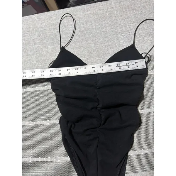 Zara Black Ruched Spaghetti Strap High‎ Cut Bodysuit Sleeveless V-Neck Top - Image 3