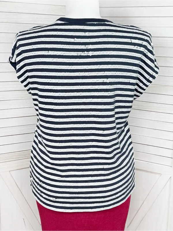 Lauren Ralph Lauren Sequin Striped Cap Sleeve Top Blue White Large Nautical - Image 4