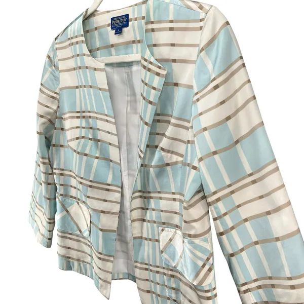 Pendleton Silk Blend Blazer Jacket 4 Blue Tan White Plaid Open Preppy‎ Summer - Image 3