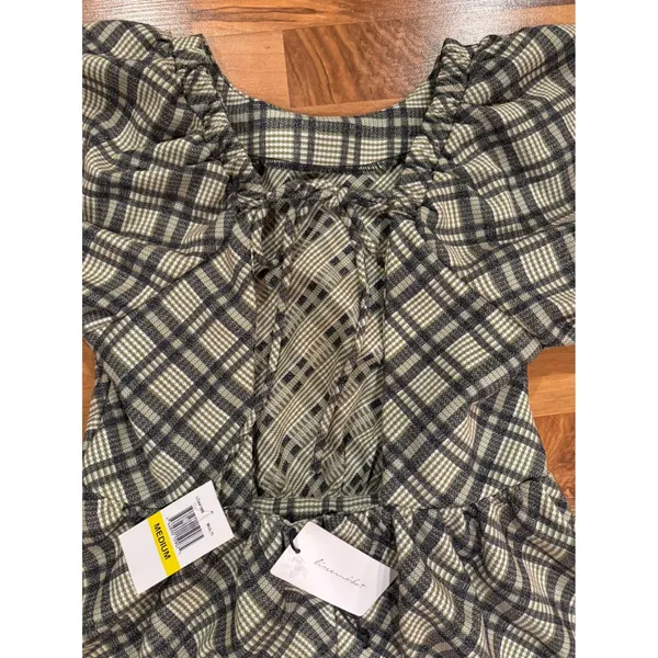 Line‎ and dot Plaid Mini Dress Women Medium Puff Sleeve Tie Back fall preppy NWT - Image 4