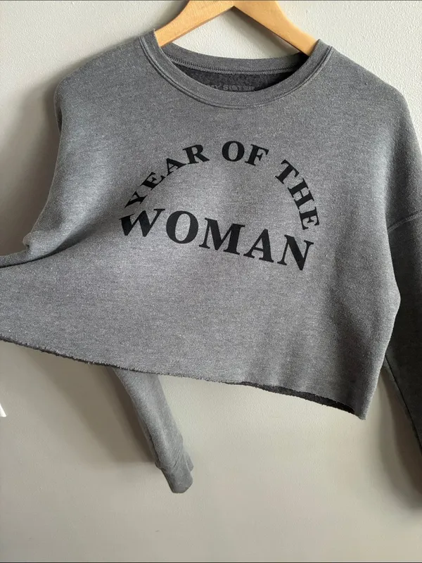 My Sister Year of the Woman Cropped Sweatshirt Gray Oversized Graphic Pullover - Image 4