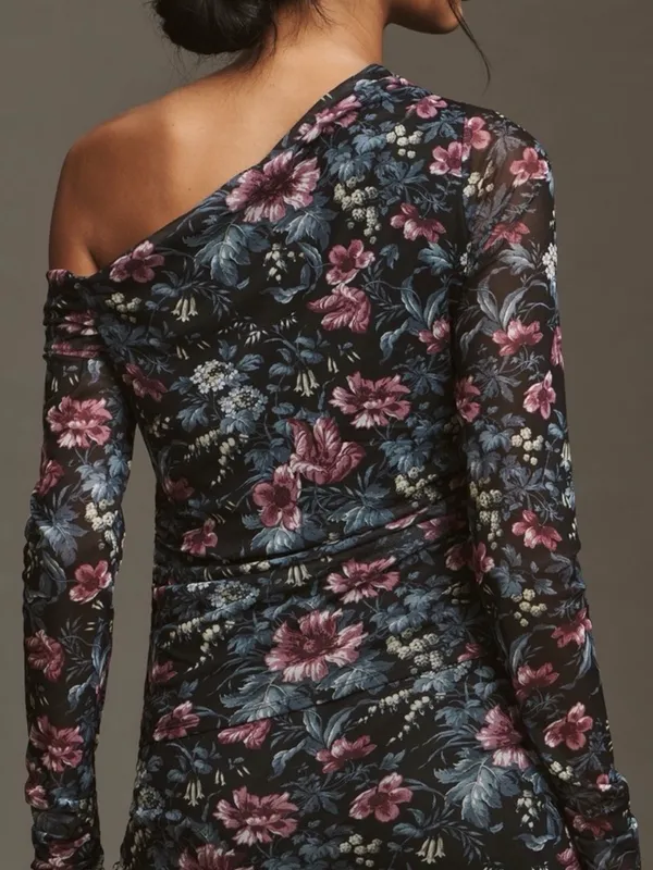 Anthropologie Mesh Off-Shoulder Asymmetrical Floral Ruched Top - Image 3