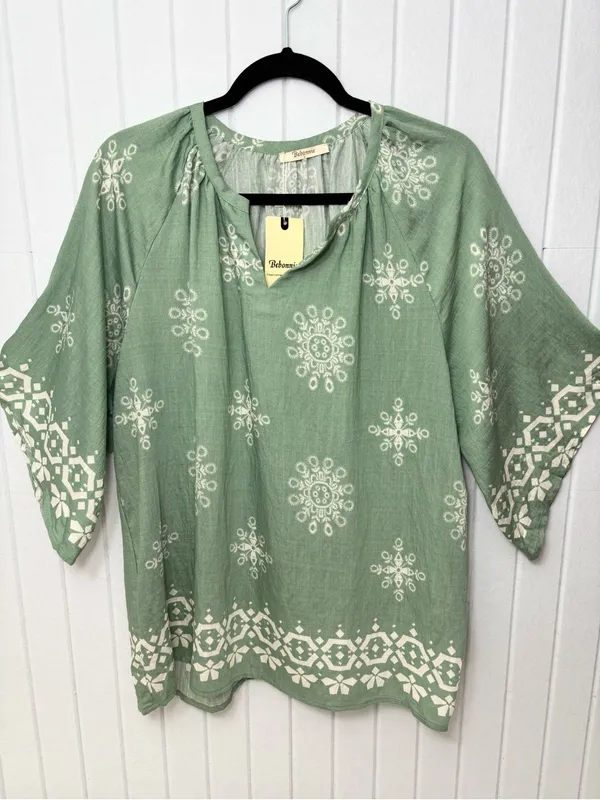 Bebonnie Boho Embroidered Tunic Top - Sage‎ Green Size L NEW - Image 2