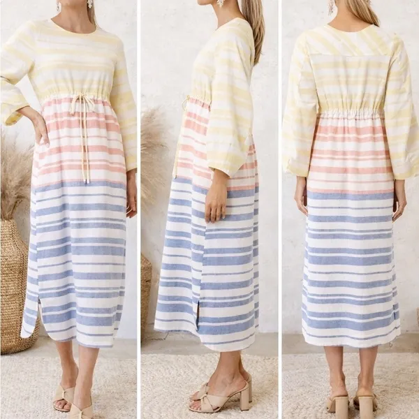Tuckernuck Pomander Place Cleo Stripe Sunset Coastal Preppy Tie Waist Midi Dress - Image 2