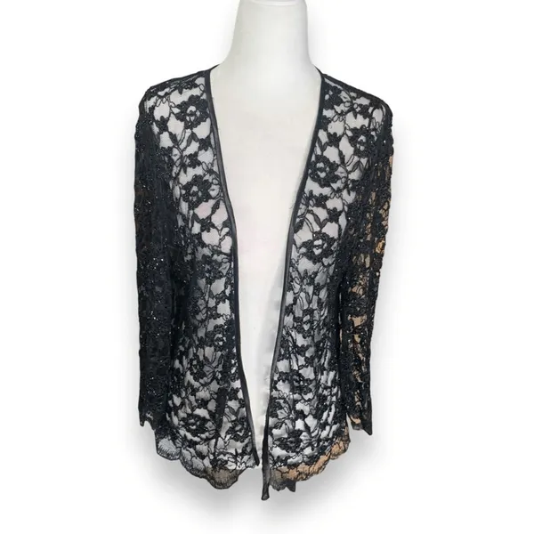 Vintage Laurence Kazar Black Beaded Lace Sheer Open Front Evening Jacket Romance - Image 10