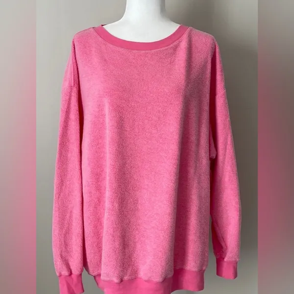 Wildfox Oversized Heathered Hot Pink Fleece SweatshirtCrewneck Ribbed Hem/ Cuffs - Image 2