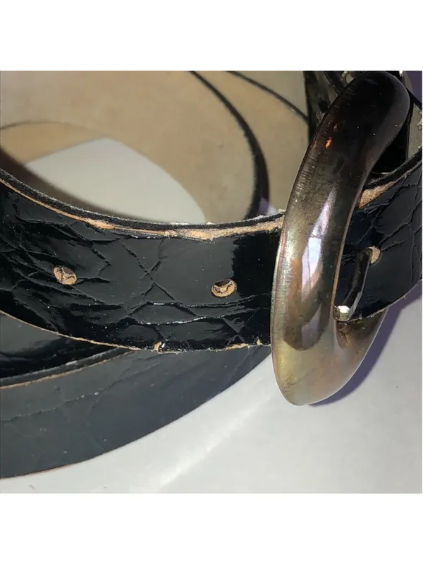 Classic Black Leather Belt with Gold Tone Buckle - Image 5