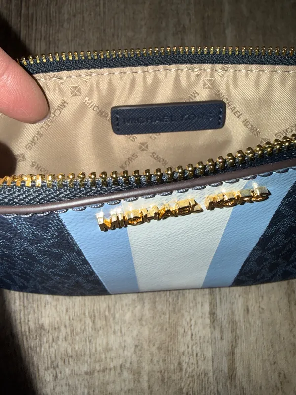 Michael Kors Jet Set Travel Large Top Zip Wristlet Navy Blue White Gold Purse - Image 7