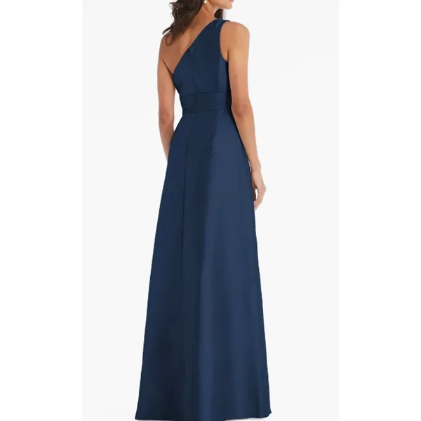 Alfred Sung A-Line Gown Women's 2R Navy Blue One-Shoulder Maxi Draped D815S NWT - Image 2