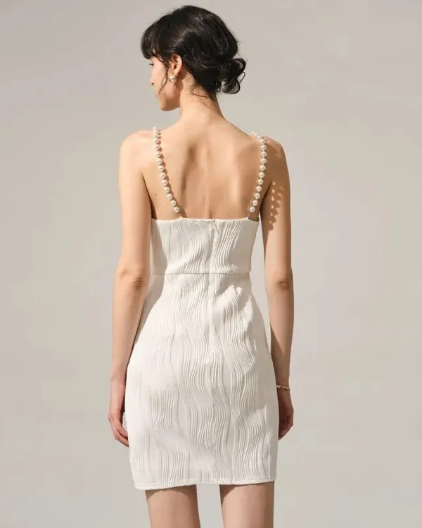 ✨ NWT RIHOAS White Textured Plissé Mini Dress w/ Pearl Straps (Size XS) 🤍 - Image 4