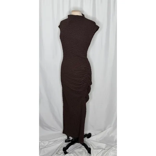 NWT!! ANTHROPOLOGIE Maya Ruched Cowl Neck Textured Midi Dress Chocolate Large - Image 5