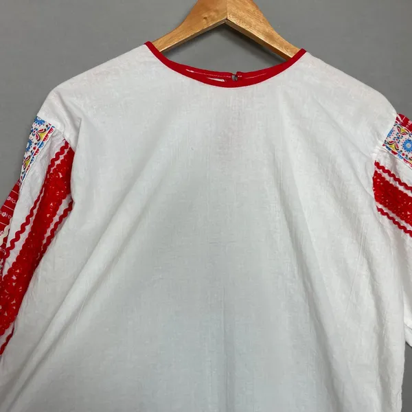Folk Peasant‎ Blouse Top Women White Red Embroidered Balloon Sleeve European - Image 3