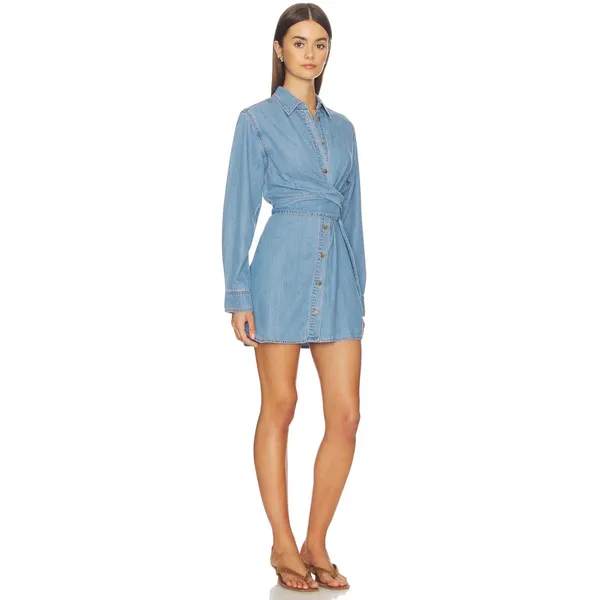 AQUA Denim Mini Shirt Dress Light Wash Wrap Tie Waist Long Sleeve Blue Small NEW - Image 2
