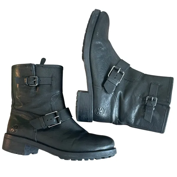 Tory Burch Chrystie Moto Boots Black Leather Buckle Lug Sole 8.5 - Image 6