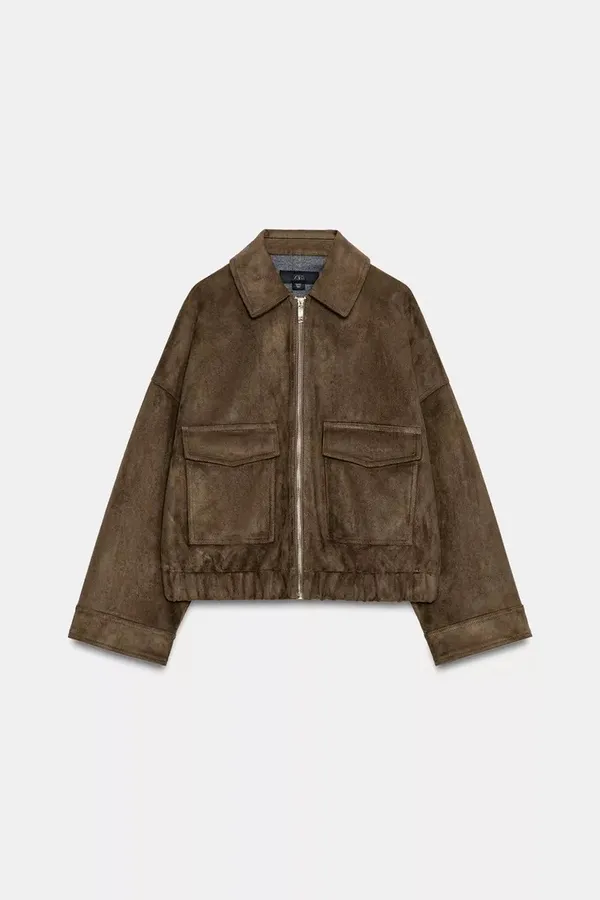 Zara Brown Tan Suede Faux Leather Bomber Jacket Outerwear - Image 10