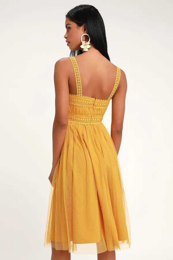 Lulus NWT Forever Love Golden Yellow Swiss Dot Sleeveless Dress - L - Image 4