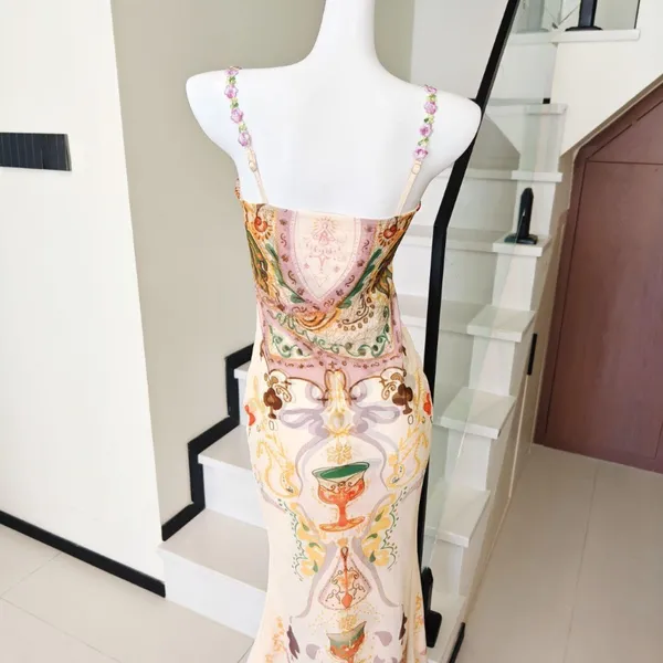 Ornate Baroque Print Slip Midi Dress Beaded Floral - Image 4