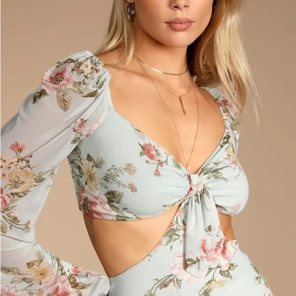 Lulu’s Ode to Spring Mint Floral Print Tie-Front Bodycon Mini Dress Size XL​‎ - Image 3